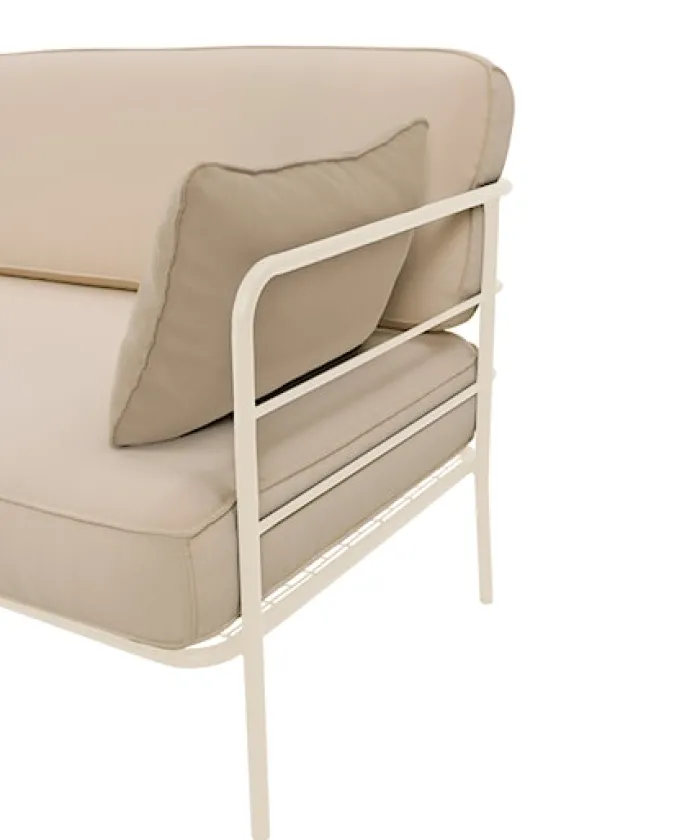 Sofa ogrodowa dwuosobowa Preggel 156 cm w tkaninie hydrofobowej beżowa/ kremowy stelaż