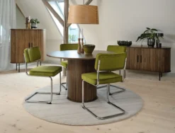 Stół okrągły Gativel 120 cm z okrągłą podstawą lamele dąb palony