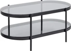 Stolik kawowy Aykal owalny z półką i szklanym blatem na metalowej podstawie 95x50 cm
