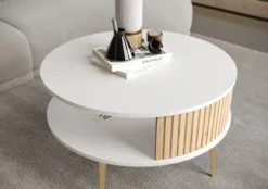Stolik kawowy Piviano okrągły 76 cm biały/dąb artisan ze złotymi nóżkami lamele