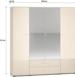 Szafa czterodrzwiowa Caletto 200 cm z dwiema szufladami i lustrem ozdobne lamele beżowa