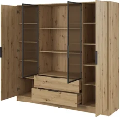 Szafa czterodrzwiowa Kelly z witryną i dwiema szufladami 206 cm dąb artisan