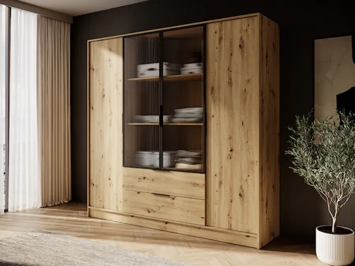 Szafa czterodrzwiowa Kelly z witryną i dwiema szufladami 206 cm dąb artisan