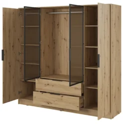 Szafa czterodrzwiowa Kelly z witryną i dwiema szufladami 206 cm dąb artisan