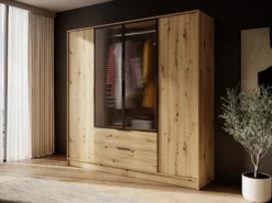 Szafa czterodrzwiowa Kelly z witryną i dwiema szufladami 206 cm dąb artisan