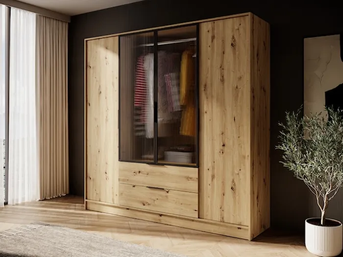 Szafa czterodrzwiowa Kelly z witryną i dwiema szufladami 206 cm dąb artisan