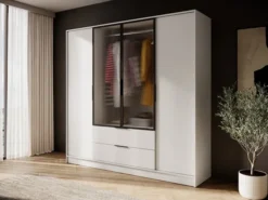 Szafa czterodrzwiowa Kelly z witryną i dwiema szufladami 206 cm szarobeżowa