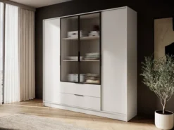 Szafa czterodrzwiowa Kelly z witryną i dwiema szufladami 206 cm szarobeżowa