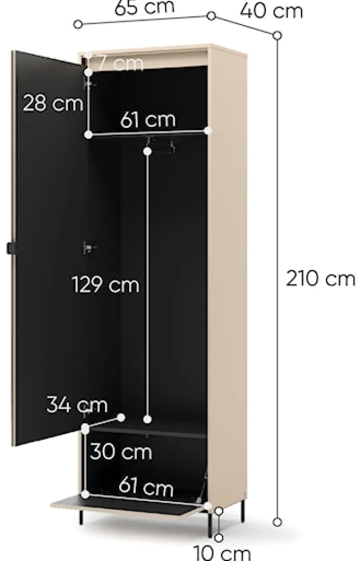 Szafa jednodrzwiowa Trend z lustrem i oświetleniem 65 cm ryflowany front beż piaskowy / czarny