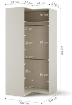 Szafa młodzieżowa narożna Woow z dwoma drążkami i półkami 100 cm szampański