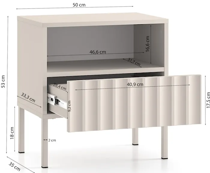 Szafka nocna Derriva z ryflowanymi frontami 50 cm kaszmir