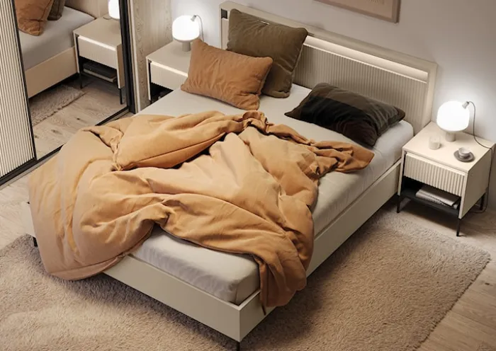 Szafka nocna Trend z szufladą i oświetleniem 46 cm ryflowany front beż piaskowy / czarny