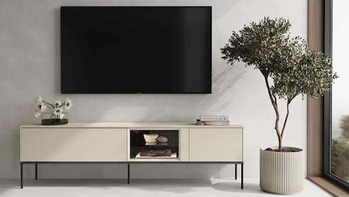 Szafka RTV Bellezo z witryną LED 196 cm kremowy
