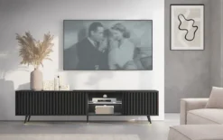 Szafka RTV Bello z lamelowymi frontami 175 cm czarna z led z czarnymi nogami