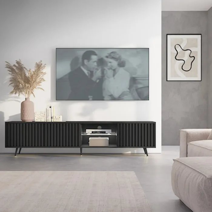 Szafka RTV Bello z lamelowymi frontami 175 cm czarna z led z czarnymi nogami