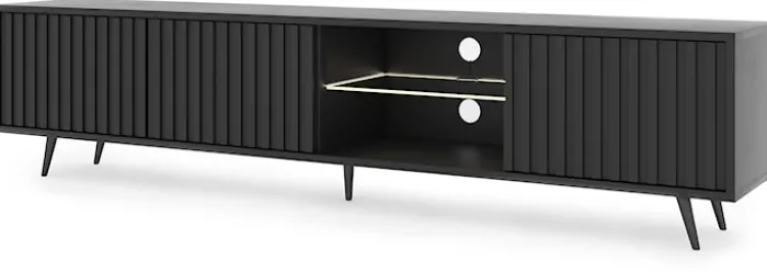 Szafka RTV Bello z lamelowymi frontami 175 cm czarna z led z czarnymi nogami