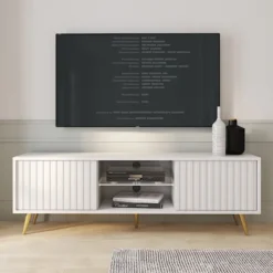Szafka RTV Bello z lamelowymi frontami 135 cm biała ze złotymi nogami