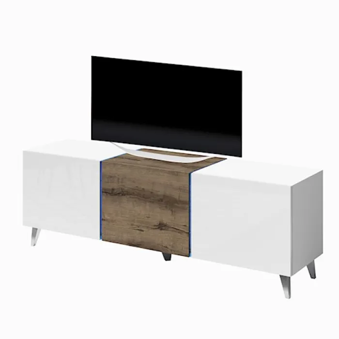 Szafka RTV Bisko 138 cm Biały mat / Biały połysk / Dąb monastery