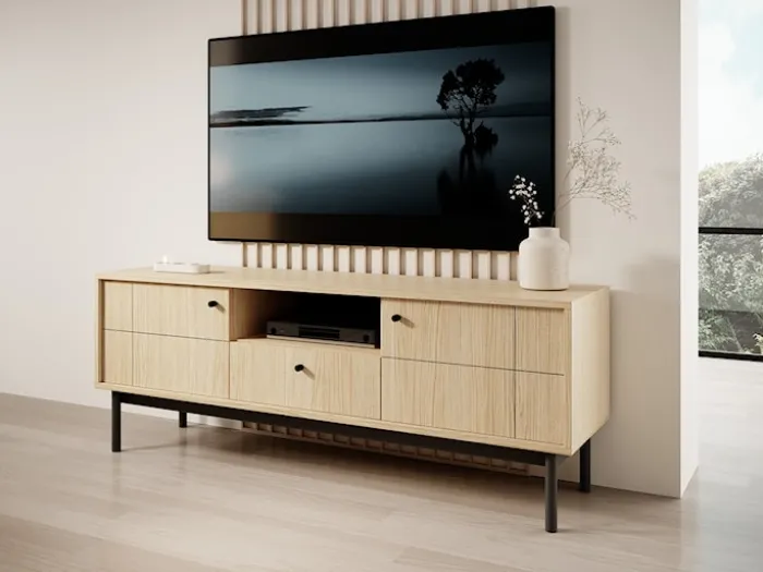 Szafka RTV dwudrzwiowa Japandies z szufladą i wnęką 153 cm Dąb linea