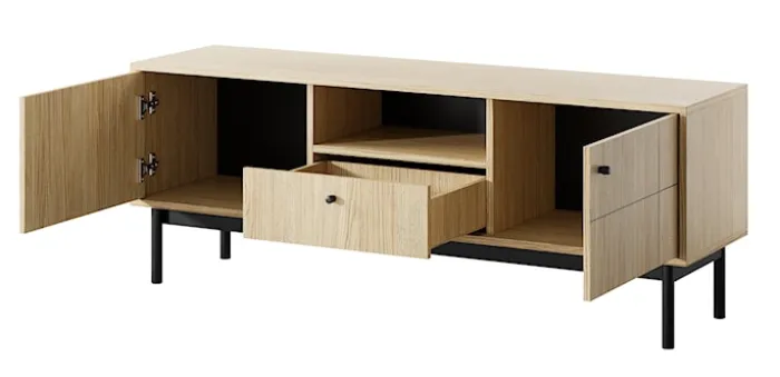Szafka RTV dwudrzwiowa Japandies z szufladą i wnęką 153 cm Dąb linea