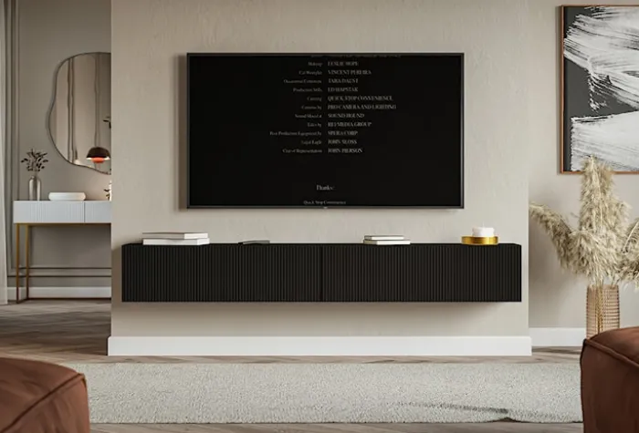 Szafka RTV dwudrzwiowa Veldio wisząca z ryflowanym frontem 200 cm czarna