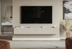 Szafka RTV dwudrzwiowa Veldio wisząca z ryflowanym frontem 200 cm szary beż