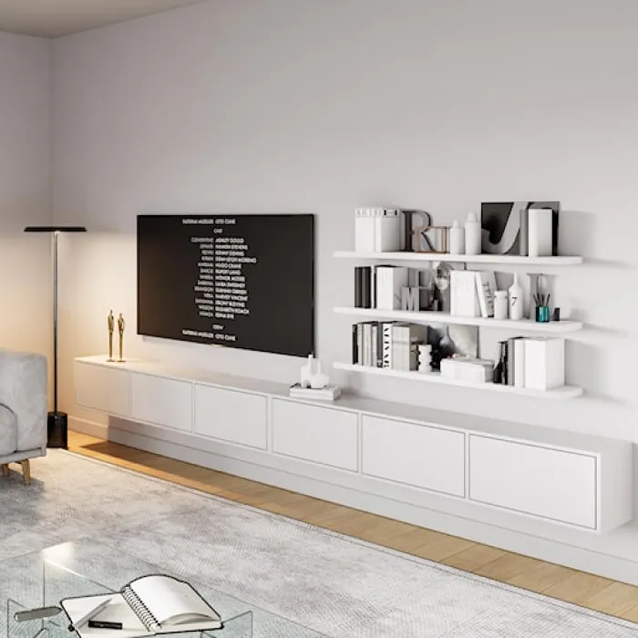 Szafka RTV Framme wisząca z sześcioma klapami 300 cm biała