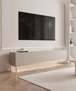 Szafka RTV Linearis z dwoma uchylnymi schowkami i oświetleniem LED 175 cm kaszmir na złotych nóżkach