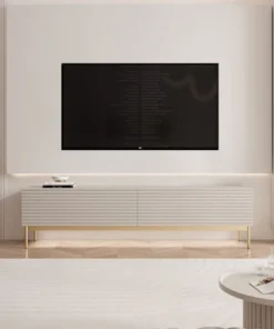 Szafka RTV Linearis z dwoma uchylnymi schowkami i oświetleniem LED 175 cm kaszmir na złotych nóżkach