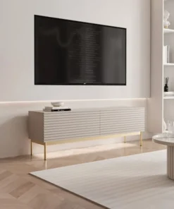 Szafka RTV Linearis z dwoma uchylnymi schowkami i oświetleniem LED 139 cm kaszmir na złotych nóżkach