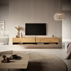 Szafka RTV Mirrgo 200 cm dąb artisan z grafitowymi wstawkami