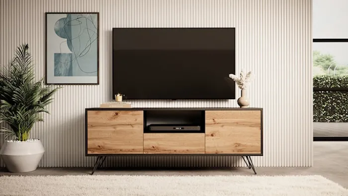 Szafka RTV Ploystea 137 cm Czarny / dąb wotan
