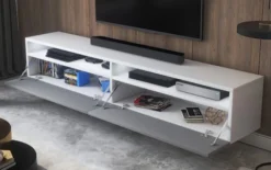 Szafka RTV Rednaw 180 cm Biały mat / Szary połysk z oświetleniem