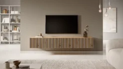 Szafka RTV Telire 175 cm dąb artisan lamele z czarnymi wstawkami