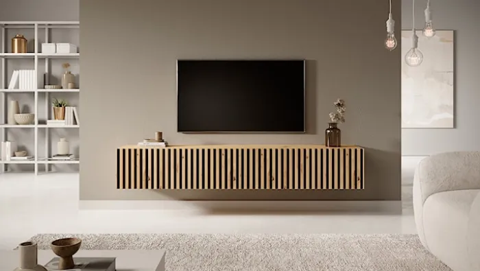 Szafka RTV Telire 175 cm dąb artisan lamele z czarnymi wstawkami