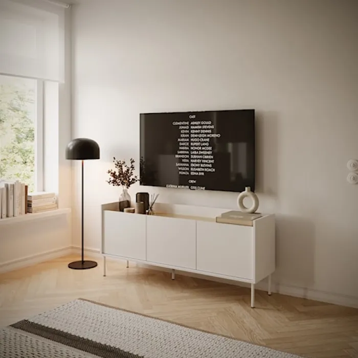 Szafka RTV Tovi trzydrzwiowa 140 cm biała/dąb lindberg