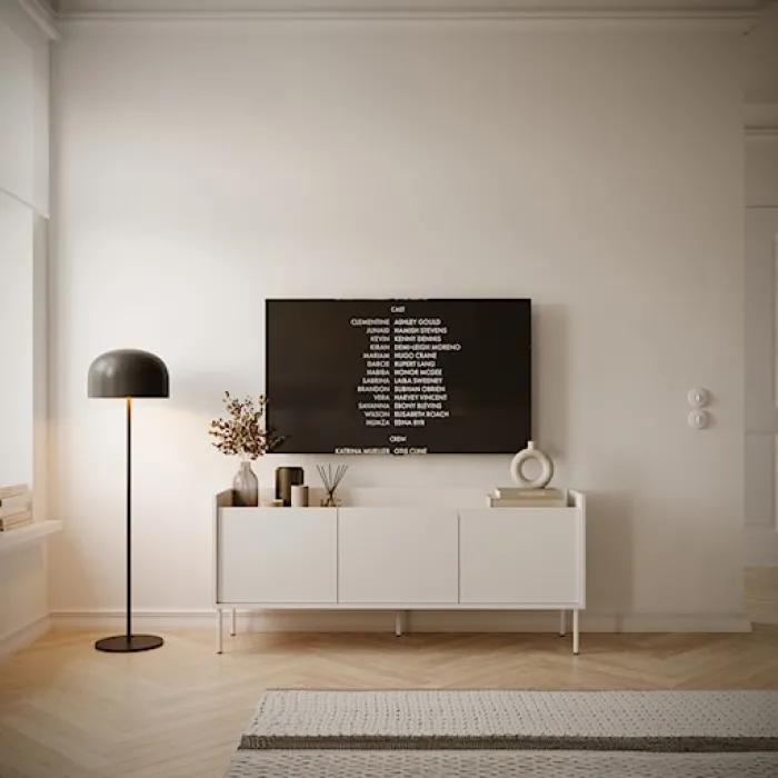 Szafka RTV Tovi trzydrzwiowa 140 cm biała/dąb lindberg