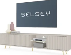 Szafka RTV trzydrzwiowa Bello z lamelowymi frontami i szklaną półką z oświetleniem LED 175 cm kaszmir na złotych nóżkach