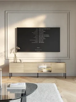 Szafka RTV trzydrzwiowa Modity ze szklaną półką i oświetleniem 175 cm dąb na czarnych nóżkach