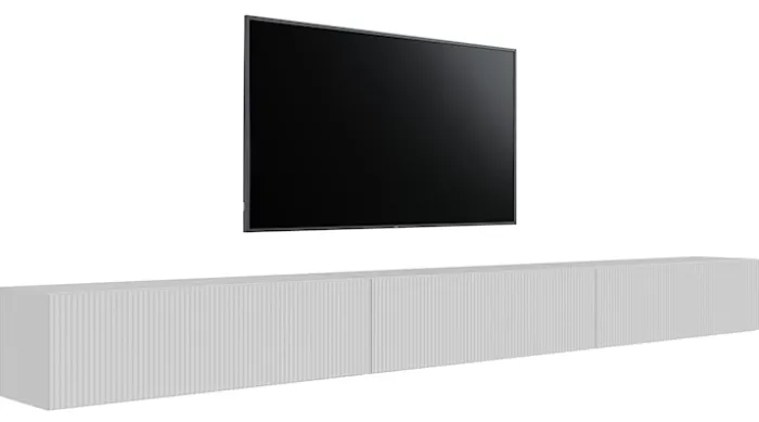 Szafka RTV trzydrzwiowa Veldio wisząca z ryflowanym frontem 300 cm biała