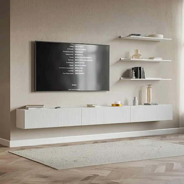 Szafka RTV trzydrzwiowa Veldio wisząca z ryflowanym frontem 300 cm biała
