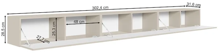 Szafka RTV trzydrzwiowa Veldio wisząca z ryflowanym frontem 300 cm biała