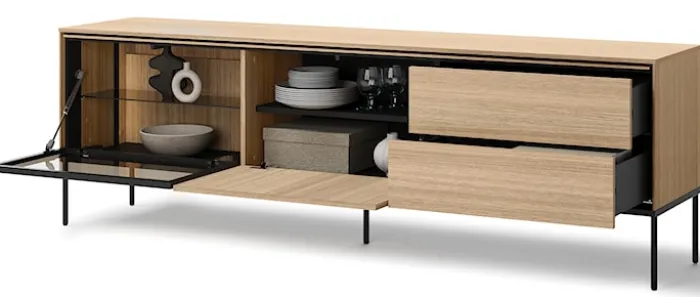 Szafka RTV Visso z witryną i oświetleniem 197 cm dąb linearny