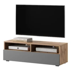 Szafka RTV z szufladą Rednaw 100 cm Dąb wotan / Szary połysk