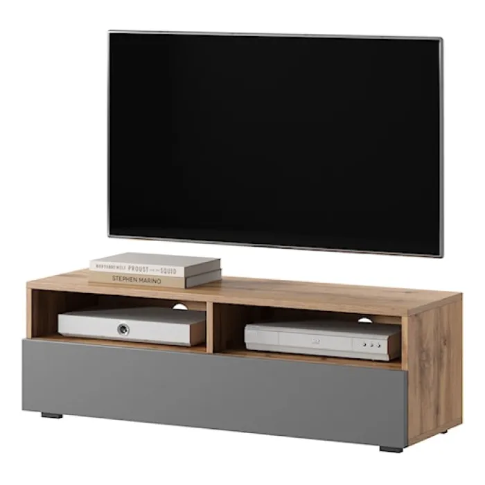 Szafka RTV z szufladą Rednaw 100 cm Dąb wotan / Szary połysk