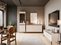Witryna dwudrzwiowa Osaka z ryflowanym frontem 56 cm beż piaskowy na czarnych nogach