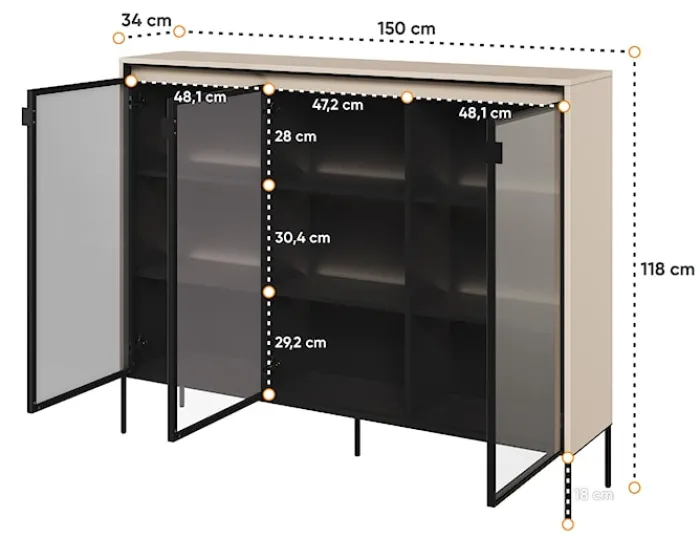Witryna trzydrzwiowa Trend 150 cm z LED Beżowa