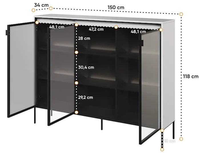 Witryna trzydrzwiowa Trend 150 cm z LED Biała