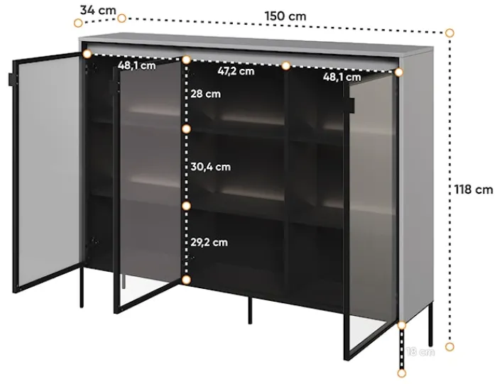 Witryna trzydrzwiowa Trend 150 cm z LED Szara