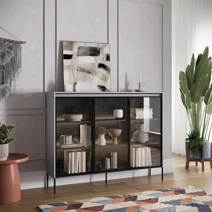 Witryna trzydrzwiowa Trend 150 cm z LED Szara